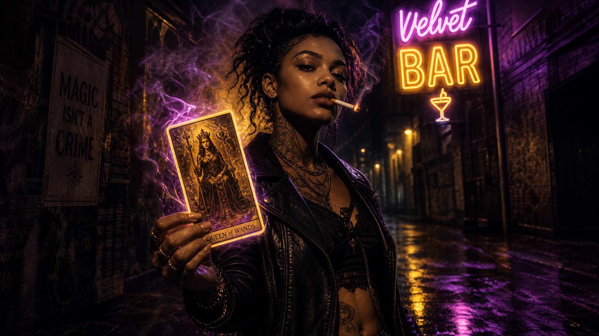 Candy standing defiantly under neon lights with a tarot card