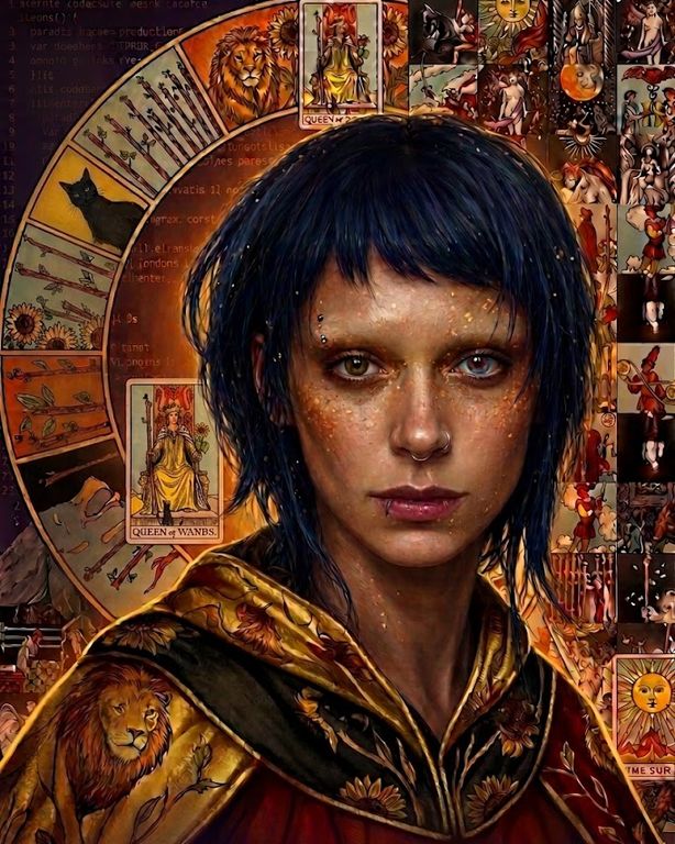 Candy in her golden Queen of Wands lion cloak surrounded by fire and tarot cards