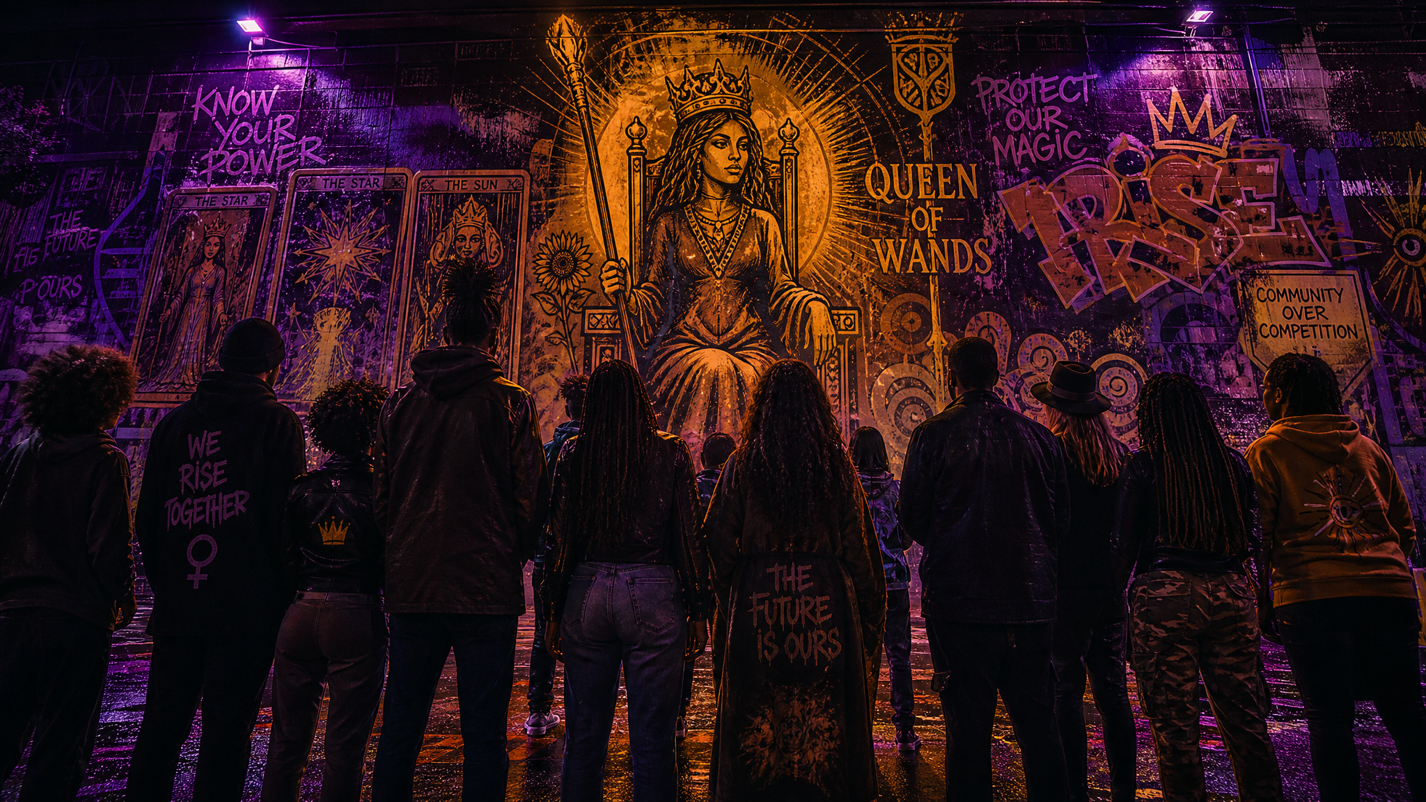 Community gathering around Queen of Wands street art